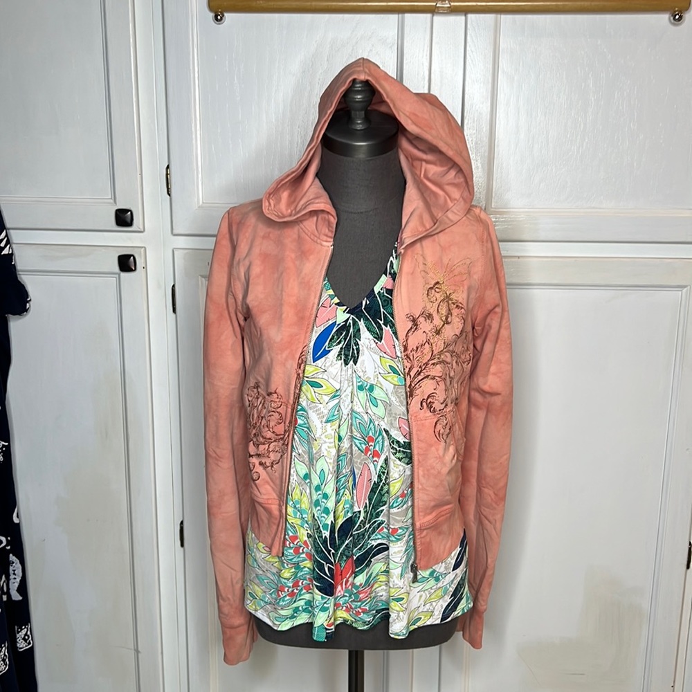 X2 Juniors Size Medium Pink tie dye zip-up with butterfly embroidery